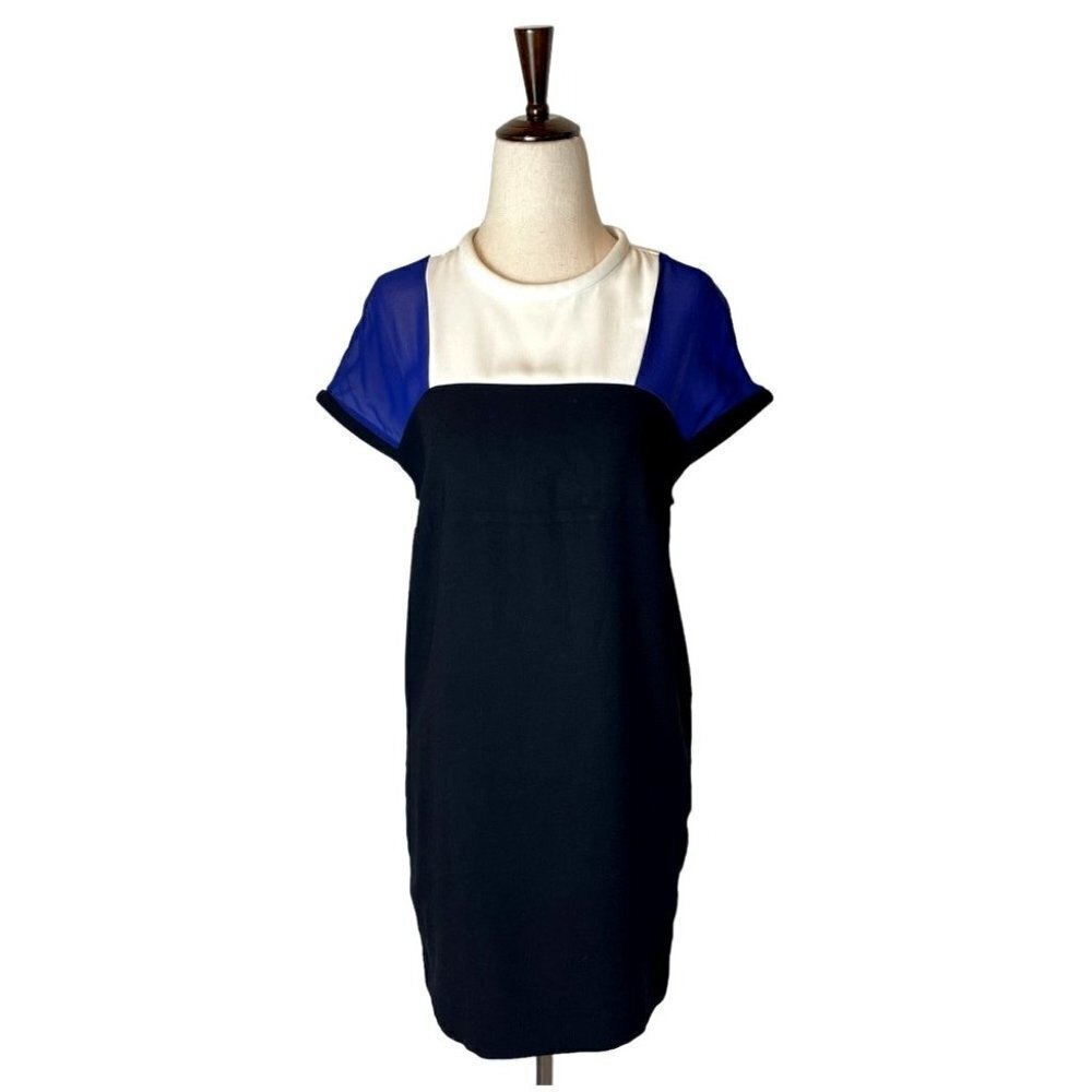 Maje Blue White And Black Colorblock Silk Detail Crew Neck Mini Shift Dress S